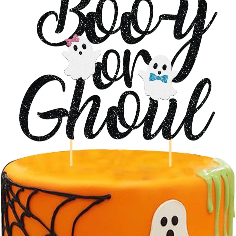 Baby Shower Gender Reveal. Black Glitter Halloween Cake Topper